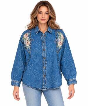 Vintage 1990s PRET Floral Rhinestone Acid Wash Denim Shirt Blue Oversized XL